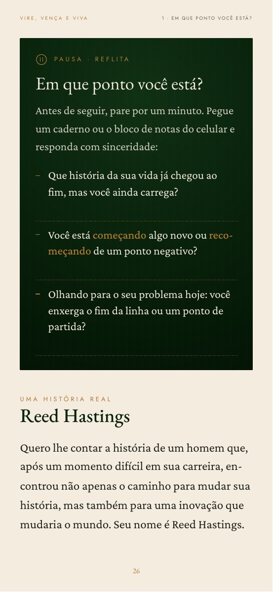 Página de Pausa com perguntas de reflexão